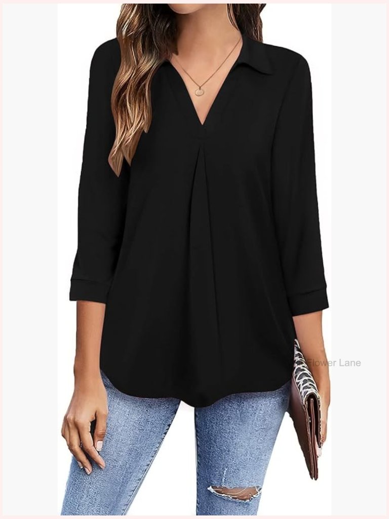 Womens V Neck 3/4 Sleeve Blouses Business Casual Tunic Tops Loose Fit